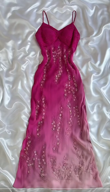 Niulatu Fuchsia Spaghetti Straps Sheath Chiffon Beading Long Prom Dresses Vintage Evening Gowns HZ1026
